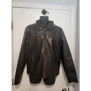 Vintage Levis Biker Jacket Men Sz M‎ Y2K Dark Brown Pleather Hood Sherpa Winter